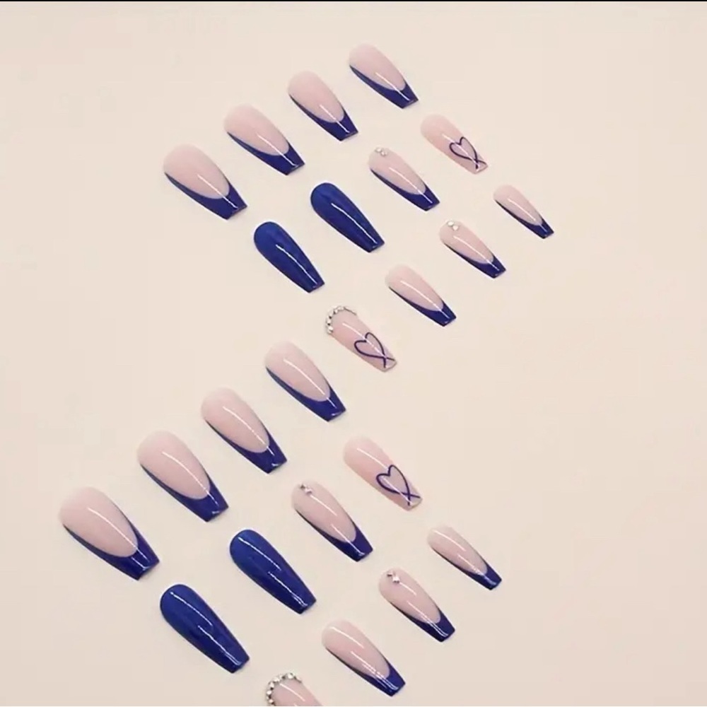 24pcs Glossy Long Ballerina Blue French Tip Press On Nails - Picture 3 of 8